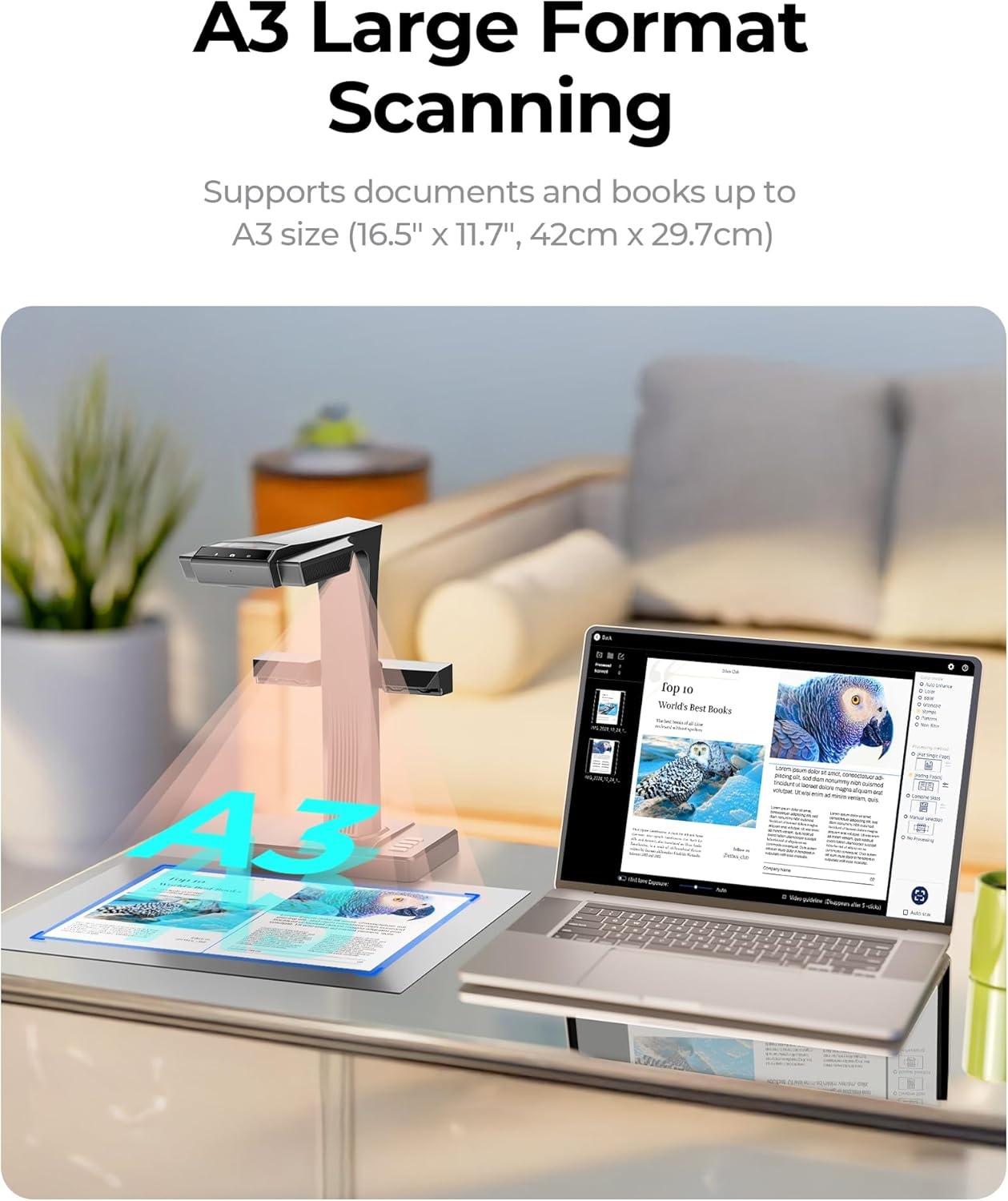 image:imageCZUR ET MAX Professional Book Scanner 38MP Document Camera Laser CurveFlatten USB High Speed Document Scanner 180 Languages OCR Capture A3 Support HDMI for WindowsMacOSLinuxET MAX