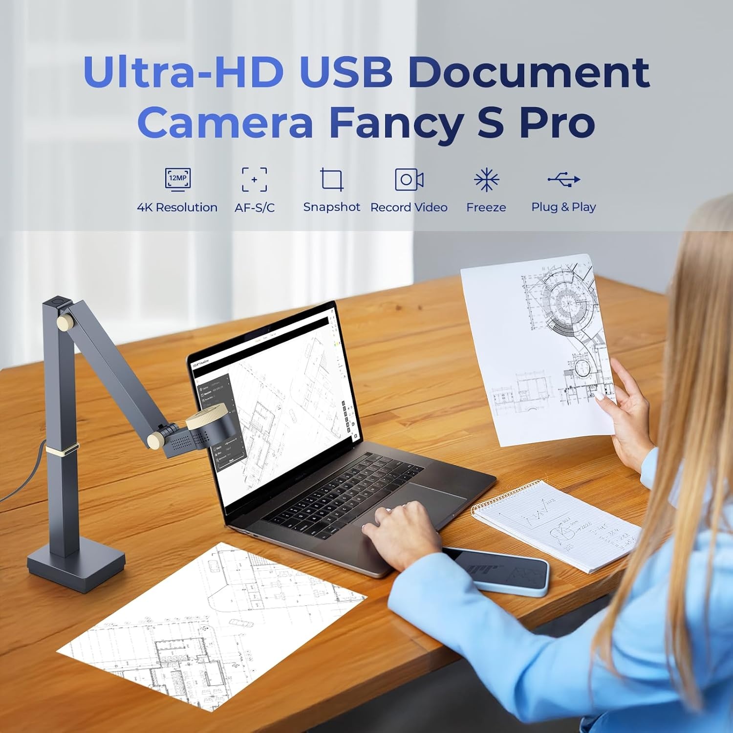 image:imageCZUR Fancy S Pro 12MP USB Document Camera for Teacher 4K Webcam with Microphone and LED Light Up to 60fps Auto Focus for Remote Teaching Live Streaming Web Conference for Mac and WindowsFancy S Pro