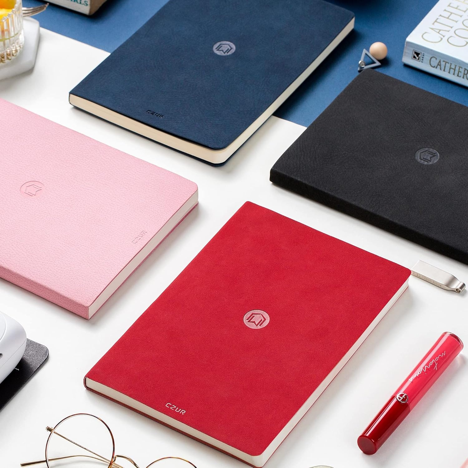 image:imageCZUR Lined Journal Notebooks PU Leather Peach Velvet Soft Cover 192 Pages Medium 56 x 83 Exquisite Notebook for WorkTravelCollege Black