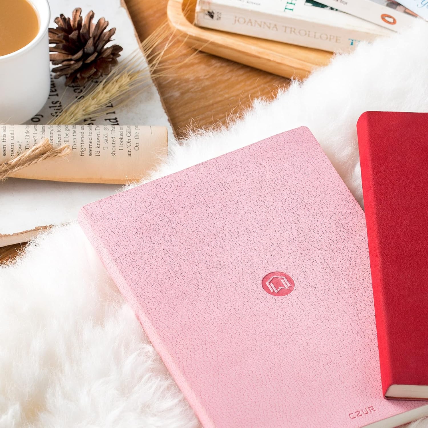 image:imageCZUR Lined Journal Notebooks PU Leather Peach Velvet Soft Cover 192 Pages Medium 56 x 83 Exquisite Notebook for WorkTravelCollege Pink